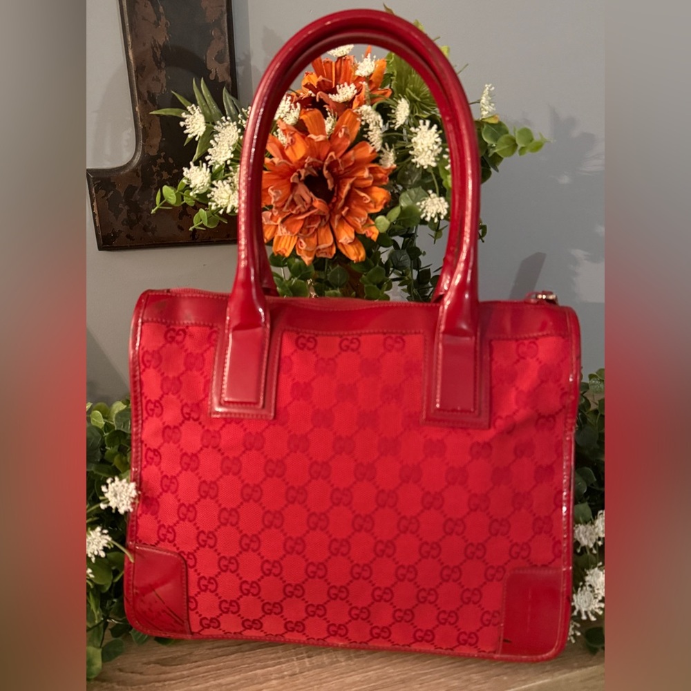 Gucci Red Monogram Canvas Tote Vintage - Picture 4 of 16
